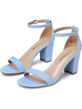 Women's Baby Blue Comfortable Open Toe Ankle Strap Chunky Block Heel Sandal